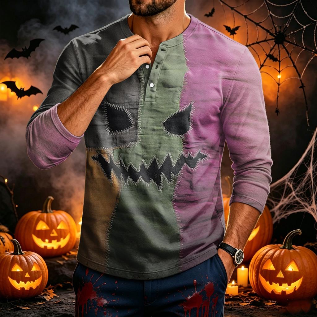 Men's Long Sleeve Tee with Halloween Print for Casual Wear