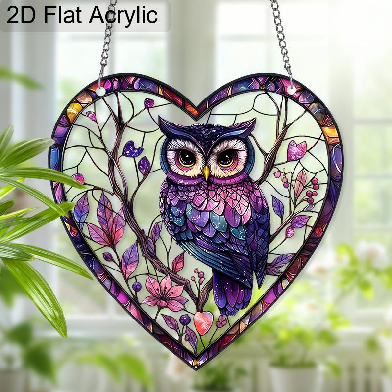 2D Flaches Herz Acryl Eule Fensterdeko, Buntglas-Effekt Hängendes Ornament für Zuhause, Schlafzimmer, Küche, Niedliches Geschenk für Freunde & Familie