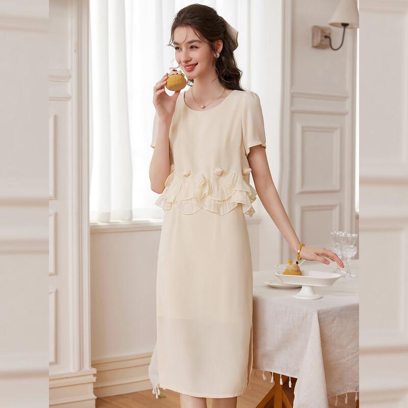 Bailuyu 3D Floral Decor Round Neck Short Sleeve Maxi Dress L