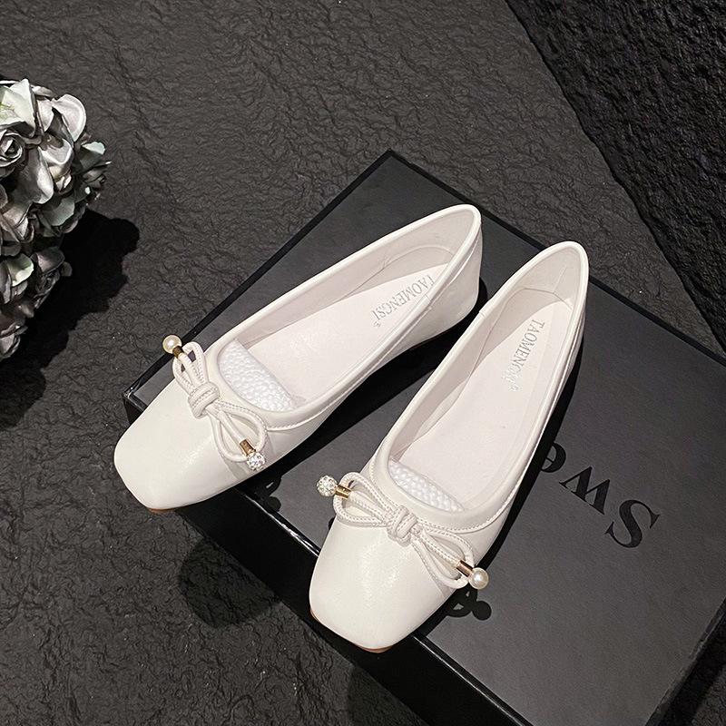 Fashion Silver Square Toe Bowtie Flats Women Spring Office Shoes Shallow Slip On Ladies Ballerina Loafers Comfy Barefoot Mocassines 2025