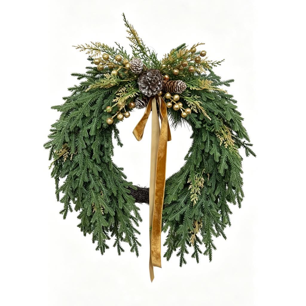 60CM Artificial Christmas Wreath with Pine Cones Bells and Decorative Bow for Door Wall Fireplace Hanging Seasonal Home Decoration