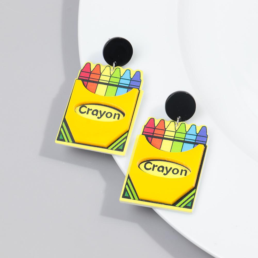 New Acrylic Apple Ruler Pencil Drop Earrings for Women Student Cartoon Crayon Box Printing Dangle Earring Teacher's Day Jewelry