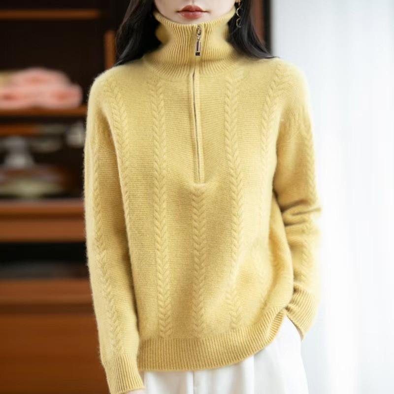 Womens Oversized Chunky Knit Turtleneck Zipper Sweater Soft Wool Pullover Winter Casual Top