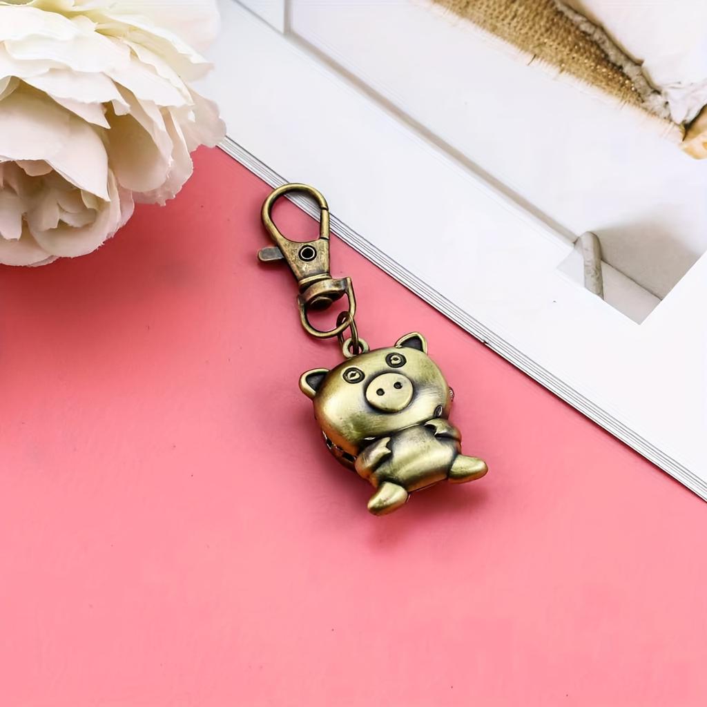 Piggy keychain watch hanging watch retro exam cartoon retro Piggy flip pocket watch backpack keychain for men and women