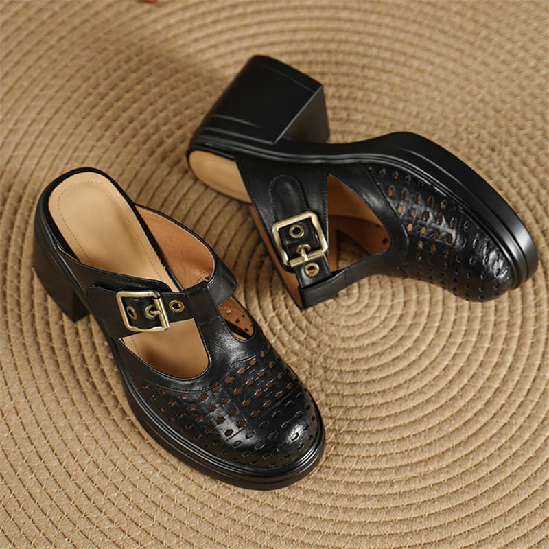 Fashion New Summer Slippers Genuine Leather Slippers for Women Fashion Hollow Out Mules Round Toe High Heels Cover Toe Slippers Sandals