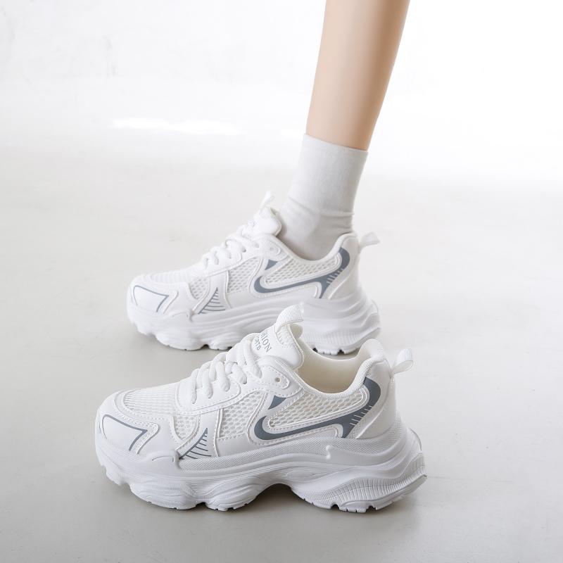 Jaro a Podzim Nové Dámské Boty Kůže Prodyšné Stříbrné Ležérní Boty Síťovina Silná Podrážka Měkká Podrážka Ultra Lehké Tenisky