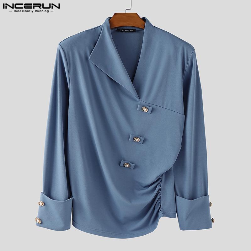 INCERUN Men Long Sleeve Front Cross Irregular Folding Ruffled Casual Tops Shirts