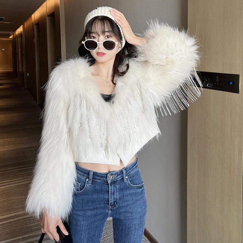 Beaded tassel imitation fur jacket women's short winter new imitation fox hair light imitation raccoon hair