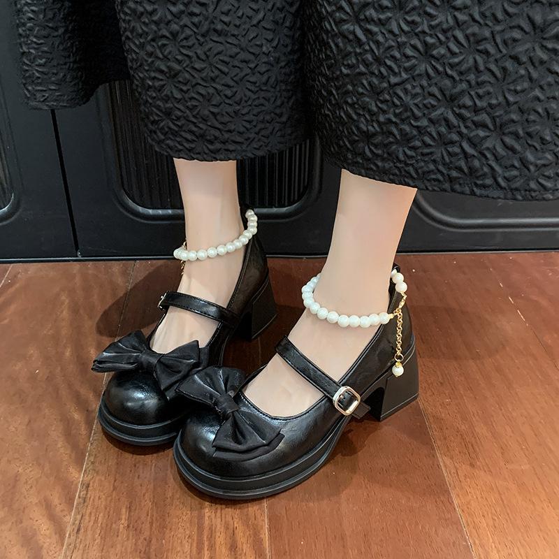 

Mary Jane high heels women s sexy pearl bow small leather shoes spring new with skirt outer wear single shoes 40 чёрный
