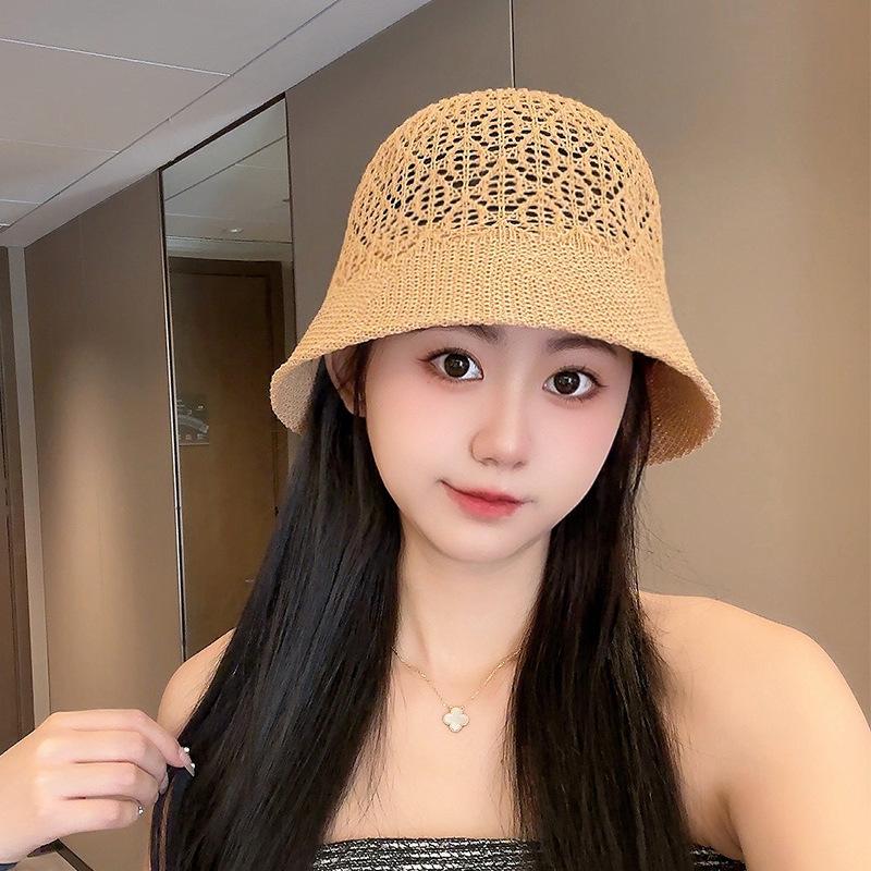 Striped Straw Woven Hollow Fisherman Hat for Women Korean Style Wide Brim Cover Face Sun Protection Hat for Spring and Summer Travel UV Bucket Hat