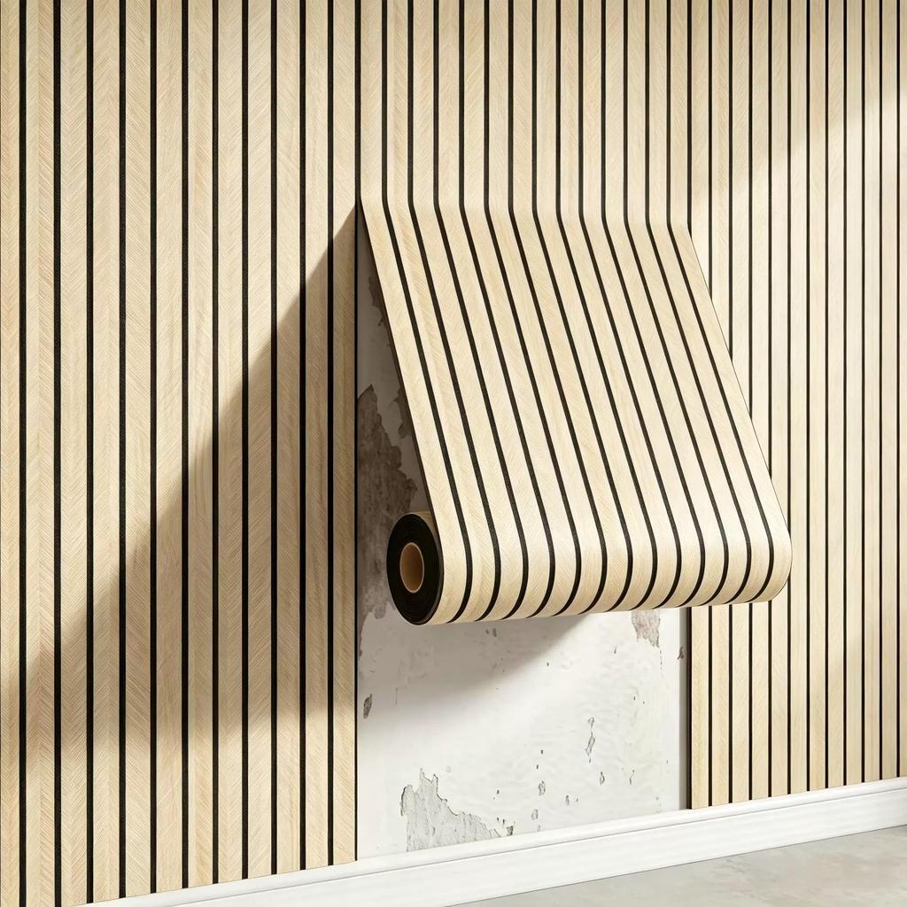 Self-adhesive Wood-grain Slat-effect Wall Sticker – 3D Grooved Grid-stripe Panel Wallpaper Roll