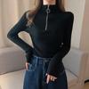 Women's Black Slim Fit Half Turtleneck Long Sleeve Zipper Shirt - 2022 Autumn New Style