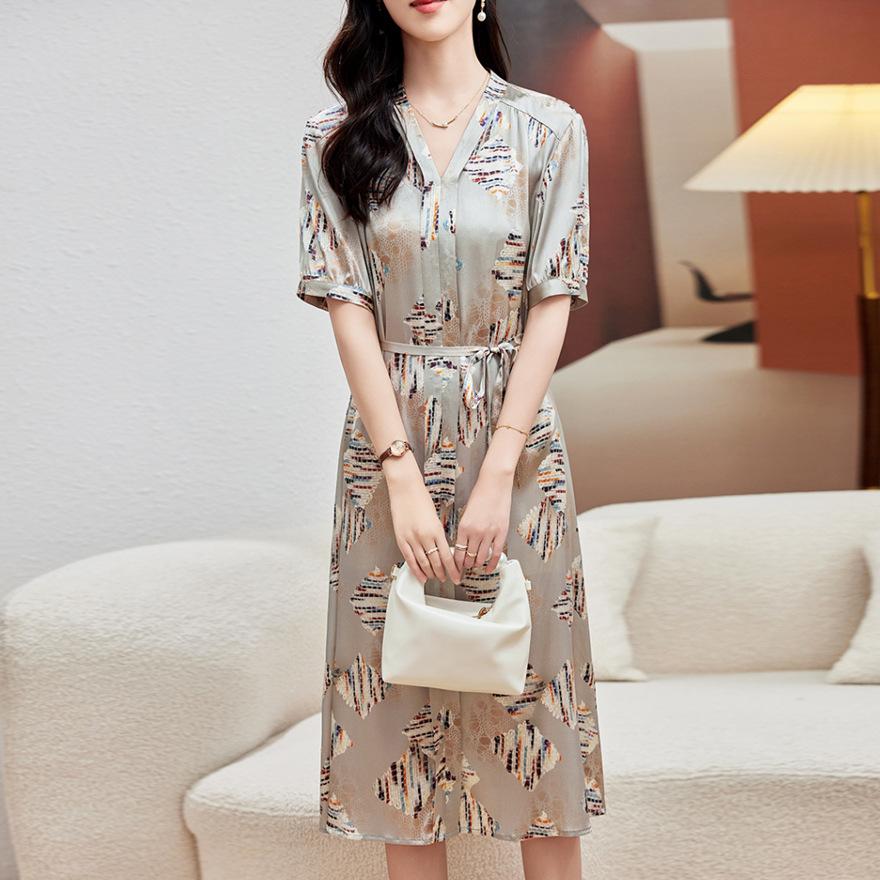 

Платье из печатного шелка женское средней длины и длинное новое юбка из тяжелого тутового шелка 3XL зелёный