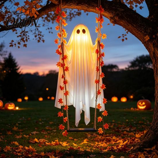 Fantasma da Appendere con Luci LED Fantasma Oscillante di Halloween, Foglia d'Acero Oscillante Illuminata Decorazioni per Giardino Cortile Vite e Telecomando per