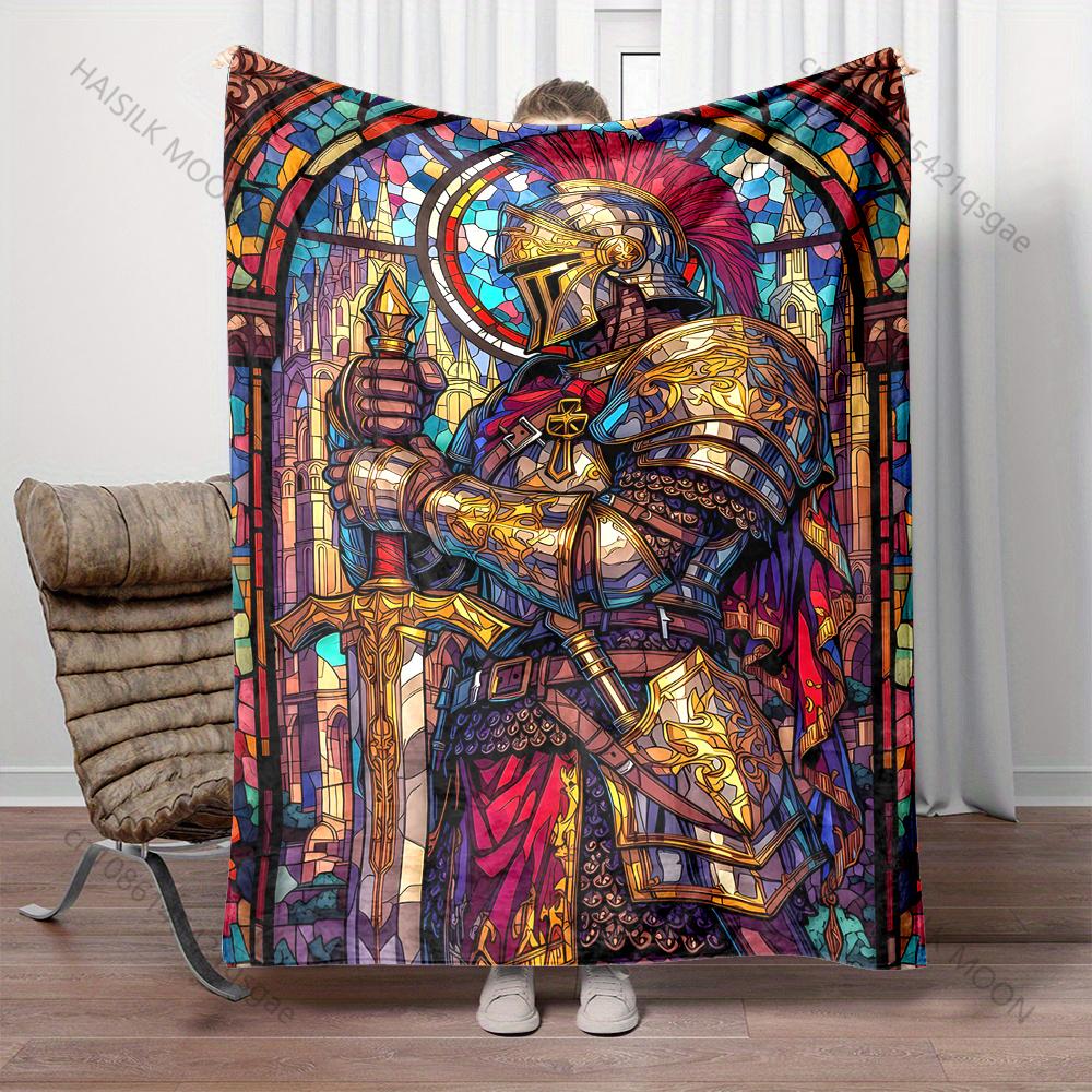 Stained glass knight statue Print Blanket Warm Soft Fluffy s and Adult Sofa Bed Throw Blanket Outdoor Travel Camping RV