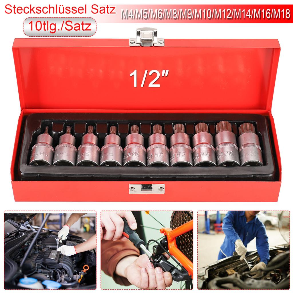 10 Piece Multitooth Sleeve Set 1/2 Drive Sockets for All Nuts and Bolts Chrome Vanadium Steel Construction Convenient Storage