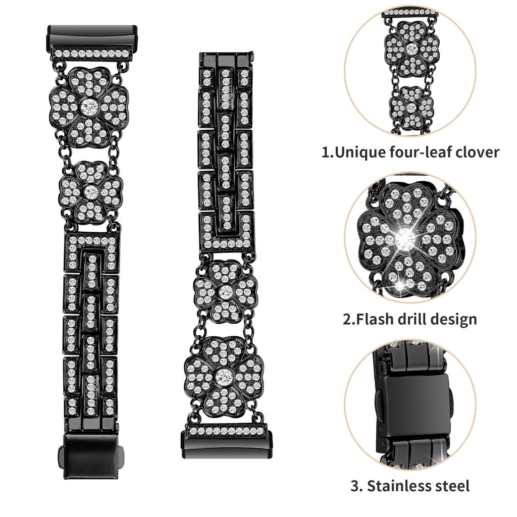 For Fitbit Versa 4/Sense 2 Watch Strap Rhinestone Decor Replacement Steel Wrist Band