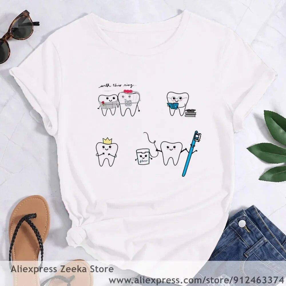 Zahn und Zahnarzt Grafik Ästhetik Frauen Lustige Print Damen T-shirt Mädchen Y2K Harajuku Basis O-kragen Weißes Hemd Kurze