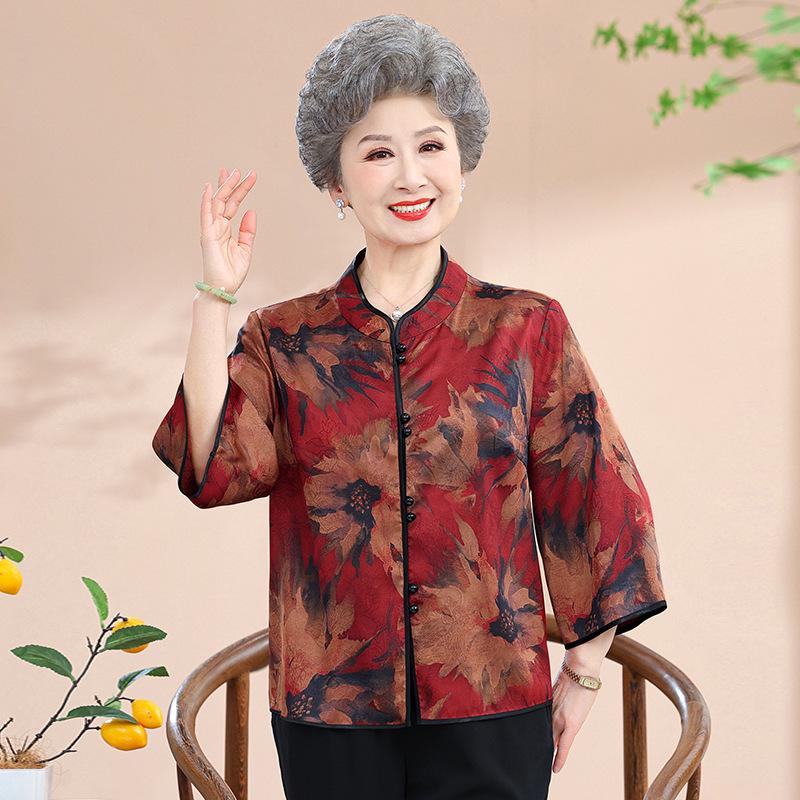 

2026 Silk Stand-Collar Frog Button Shirt: Elegant Style for Middle-Aged and Elderly Mothers, 7-Quarter Sleeves, Perfect for Spring and Autumn. 2XL (Recommended 110-120 lbs) красный