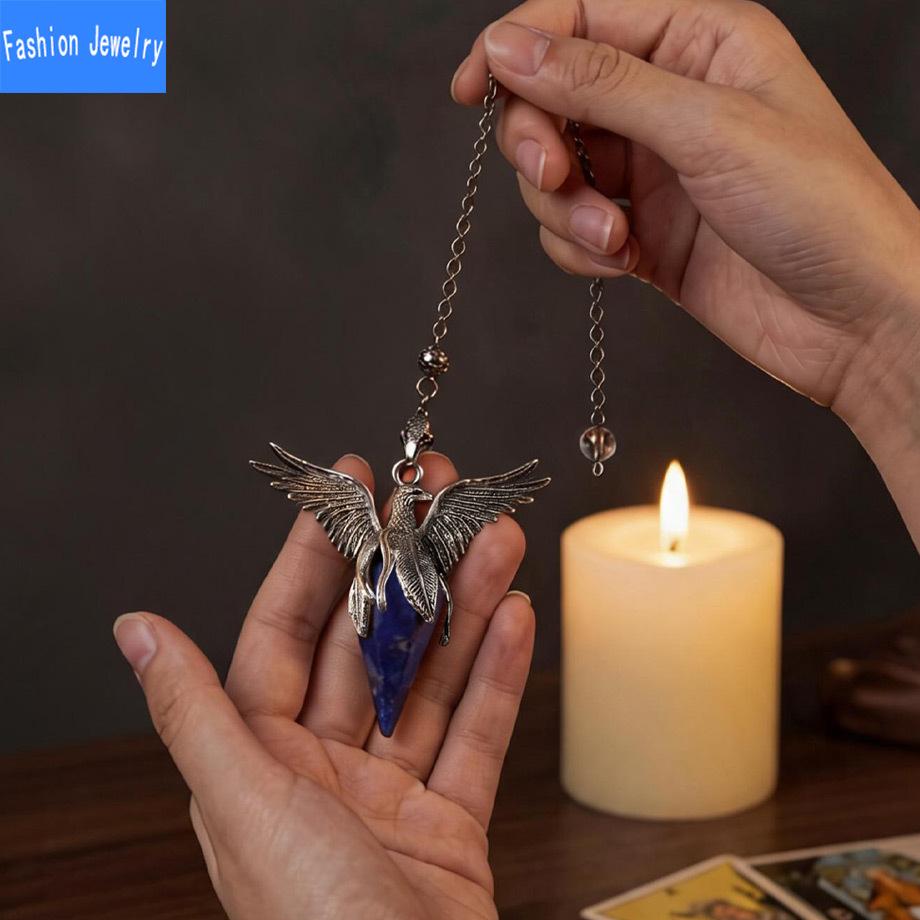 Natural crystal stone hexagonal cone phoenix wings pendant retro pendulum peace dove pendant