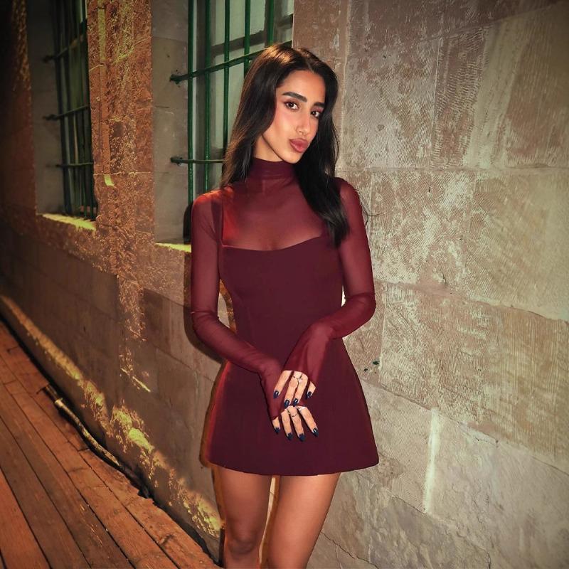 Women's Spring Fashion Temperament Mesh Patchwork Semi-high Neck Waist Dress