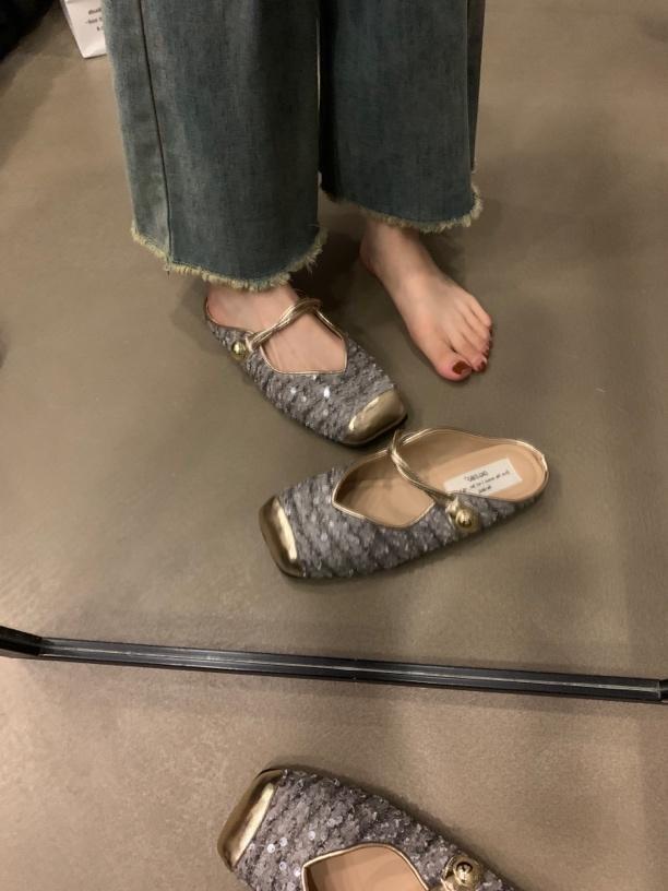 Women's Bag Head Half Slippers, Women's Summer Wear Black Sequins, Fairy Evening Shoes, Flat-soled Small Fragrant French Sandals