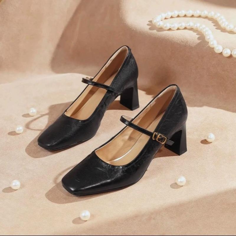 

Туфли Мэри Джейн на высоком каблуке Женские сандалии с квадратным носком 2025 Лето Мелкие Элегантные Платье Мягкая Кожаная Обувь Тренд Туфли-лодочки Mujer 39