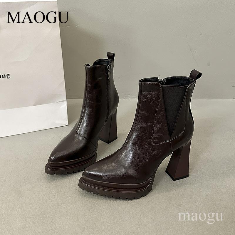 

Women s Brown Leather Platform Ankle Boots Chunky Block Heel Pointed Toe Fashion Short Boots Autumn Winter Female Shoes Elegant 34 коричневый