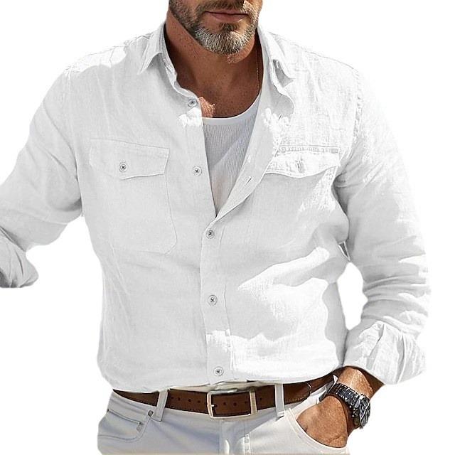 Men's Casual Cotton Linen Shirts for Men Hawaiian Shirts Breathable Solid Color Basic Style Men Clothing