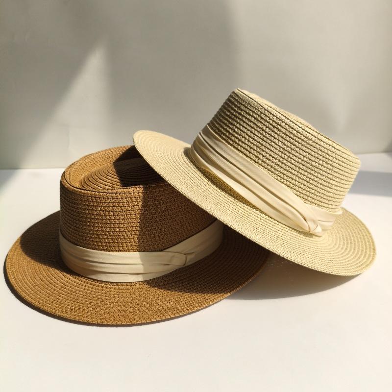 Women Summer Straw Hat Travel Beach Panama Sun Hats For Female Solid Color Ribbon Wide Brim Sunscreen Cap