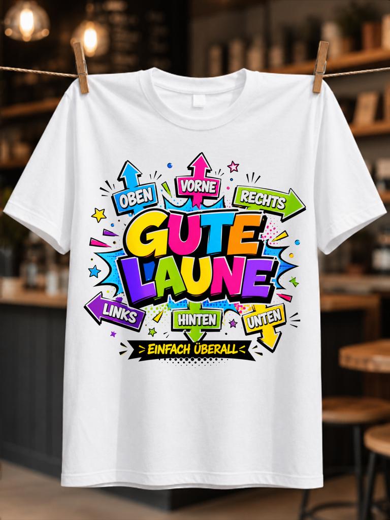 Gerunisex Gute Laune Clean Comic Lettering With Einfach Uberall Text Colorful Arrows Stars And Playful Unisex All Tshirt