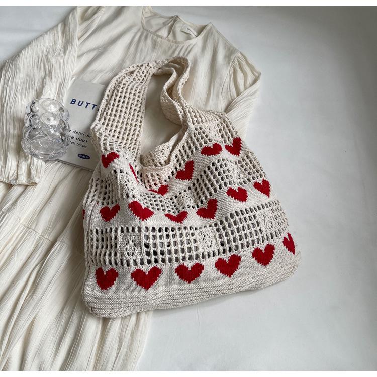 2024 Women's Heart Cutout Knitted Tote: Large-Capacity Handbag, Beach & Shopping Bag