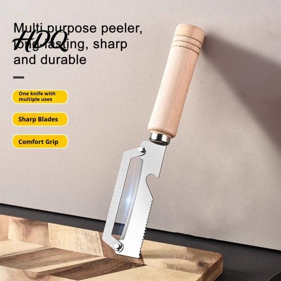 Multifunctional Vegetable Peeler with Ergonomic Wood Handle 2-in-1 Bottle Opener Wide Curved Potato Blade Sharp for Potatoes Apples Citrus Carrots