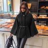 Women S Black Wool Blend Cape Coat Stand Collar Long Sleeve Loose Elegant