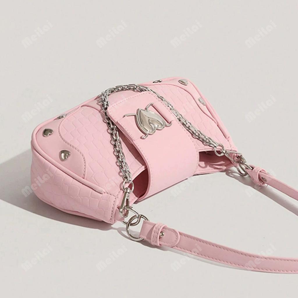 Damen Krokodil-Textur PU-Leder Achseltasche, Kette & Herz-Dekor Y2K Punk Hobo-Tasche, Trendige Vielseitige Lässige Umhängetasche