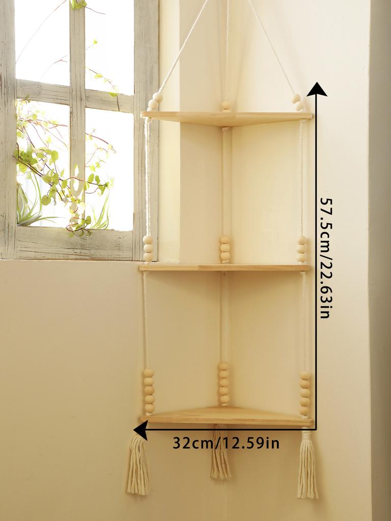 1/2/3-Layers Corner Shelf Wood Display Stand Boho Home Decoration Pastoral Style Macrame Handmade Floating Shelves Living Room