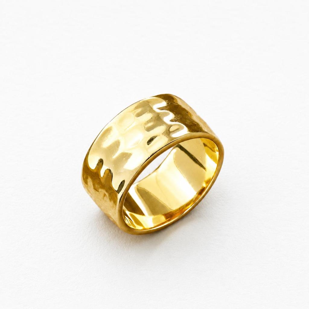 925 Sterling Silver Hammered Ring with Yellow Gold Finish | Minimalist Wide Band Statement Ring for Men Women