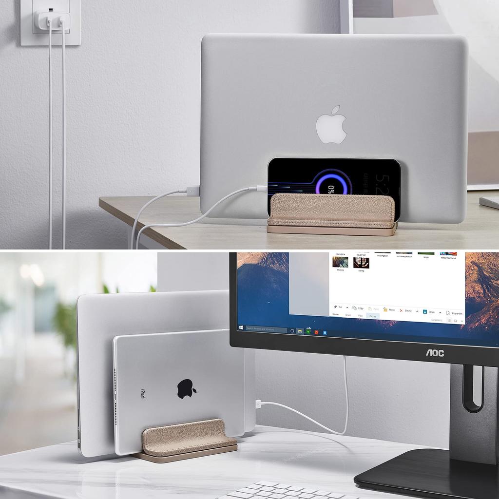 Vertical PU Leather Laptop Holds Two Adjustable Fits Stand, Laptops, Width, MacBook/Air/Surface/Pad/Smartphones, Etc. (Apricot)