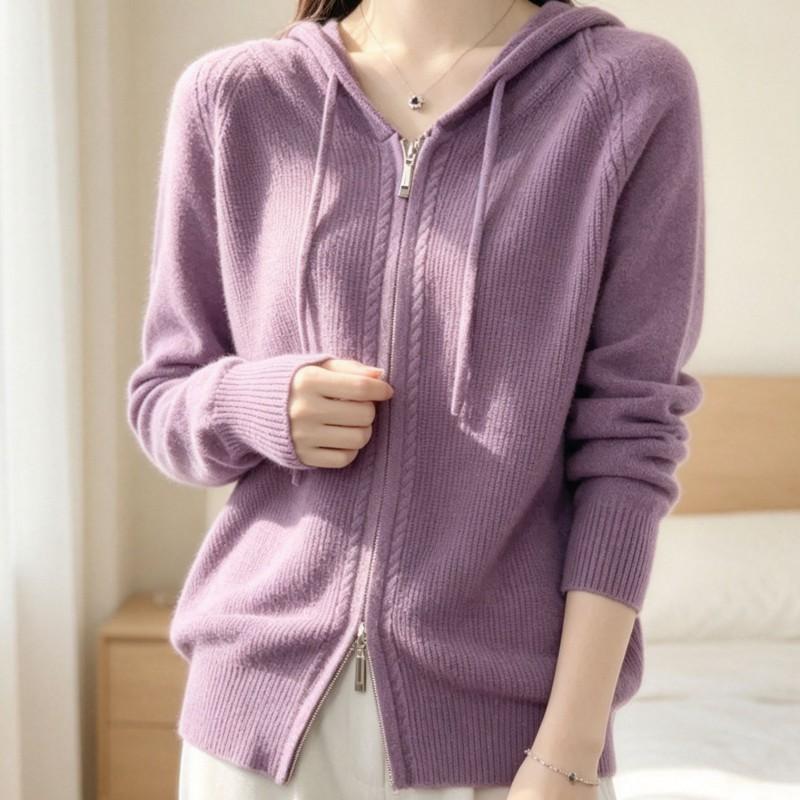 Womens Oversized Knit Cardigan Hooded Zip-Up Sweater Soft Acrylic Blend Casual Chic Outerwear 2026 Fall