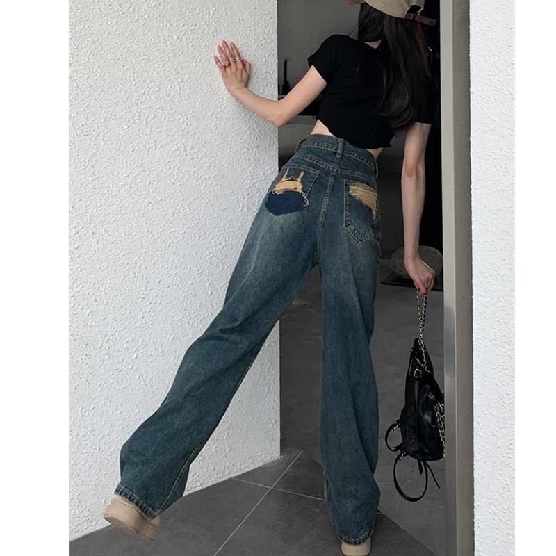 Spring and Autumn Women's  Wide Leg Jeans High Waisted Contrasting Straight Leg Pant Lady Loose Pants Streetwear