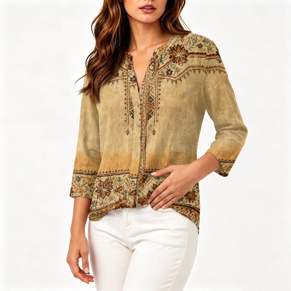 Women's Cotton Linen Printed Shirt with Three-Quarter Sleeves