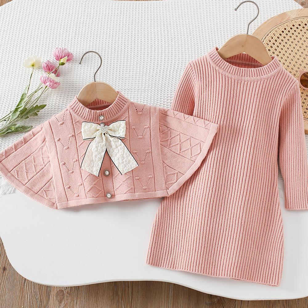 2025 New Autumn Korean Style Cape Knit Dress 2 Piece for Kids Clothing Set Bowknot Long Sleeve Dress Set