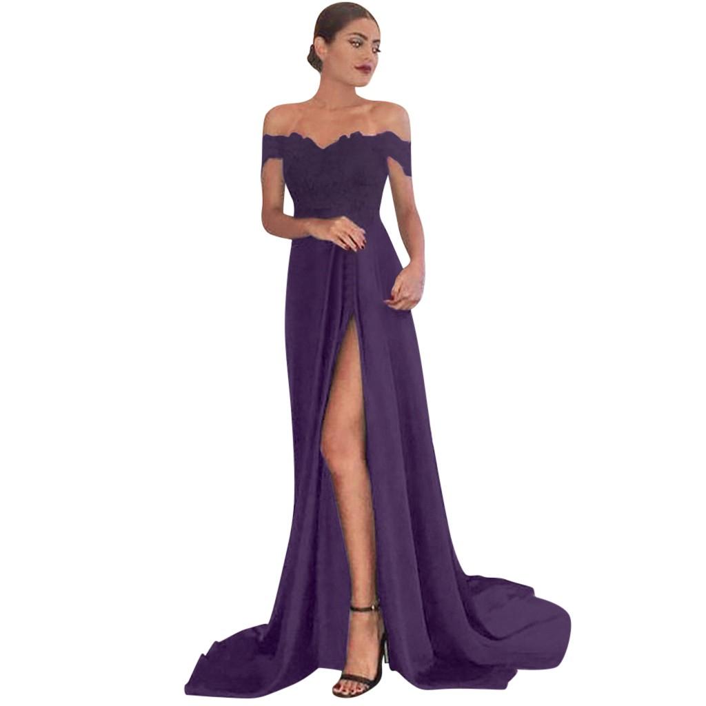 Women's Sexy Solid Color Short Sleeve Slash-Neck Slit Up The Side Full Dress