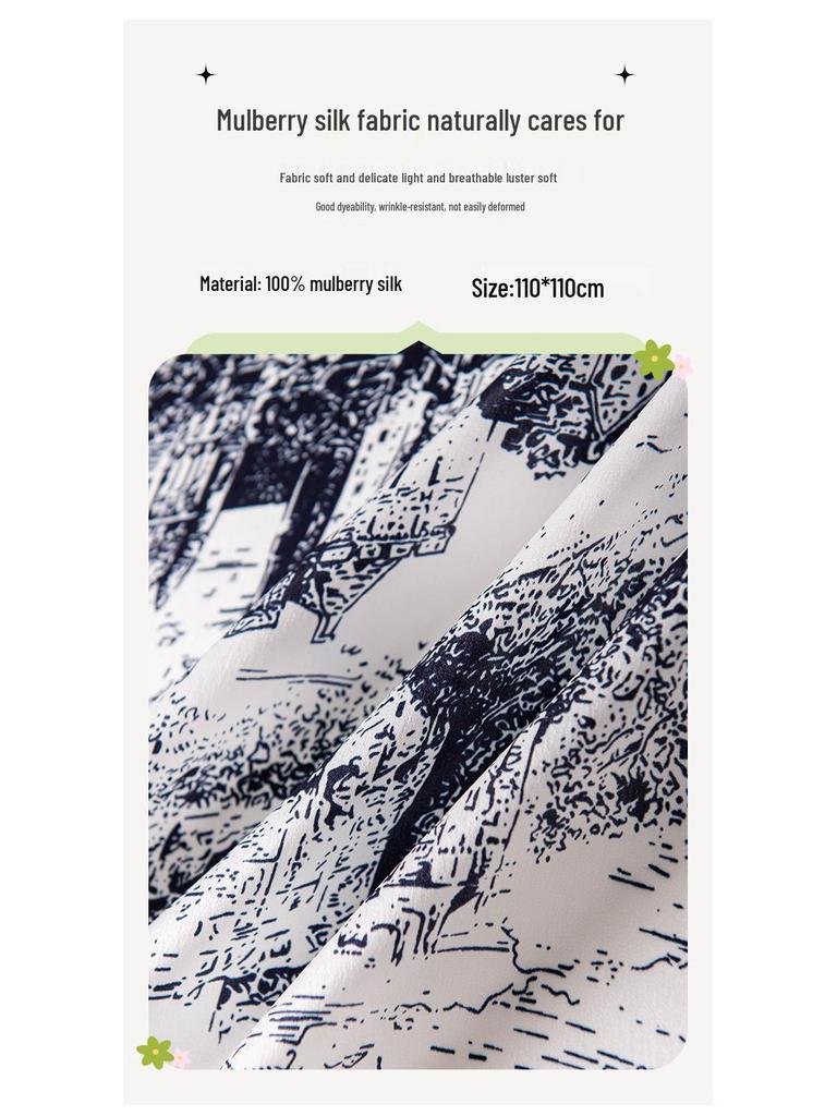 Women's 100% Mulberry Silk Retro Jungle Castle Print Scarf – Elegant High-End Light Luxury Shawl