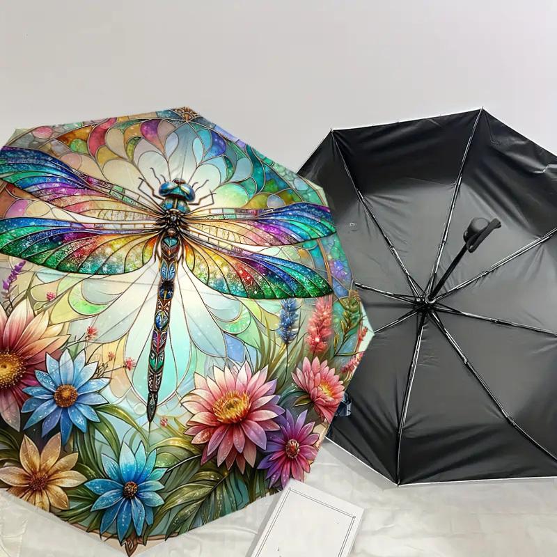 1PC Dragonfly Stained GlassAutomatic Open/Close Umbrella with Windproof, 8-Rib Sturdy Canopy, Durable Ribs, Fashionable Design, Outdoor Accessory, Fun