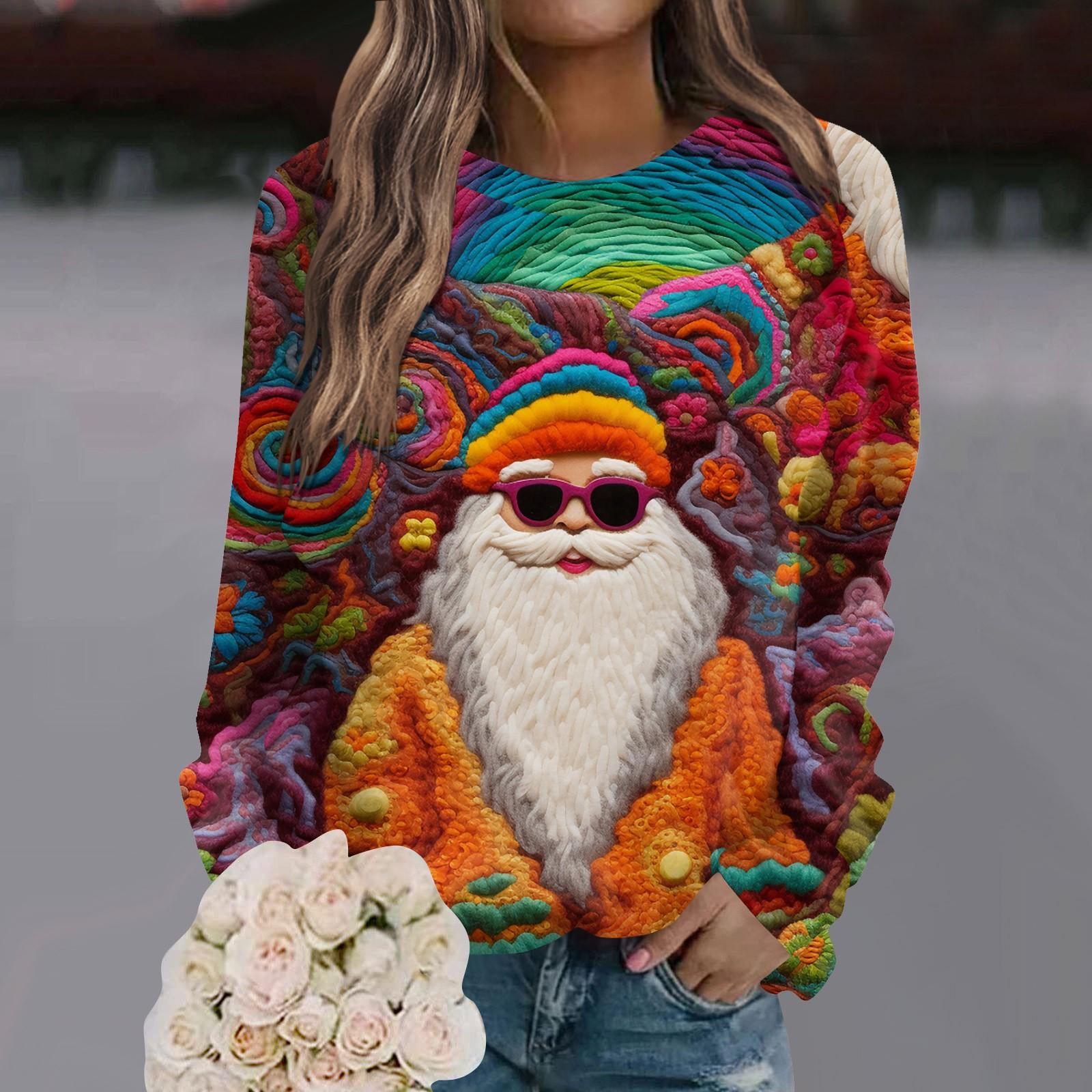

Женская повседневная мода 3D рождественский принт длинный рукав O-образный вырез пуловер топ M разноцветный