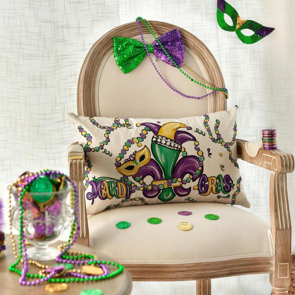AVOIN Colorlife Mardi Gras Mask Fleur De Lis Beads Throw Pillow Cover, 12 X 20 Inch Carnival Happy Holiday Party Cushion Case Decoration for Sofa