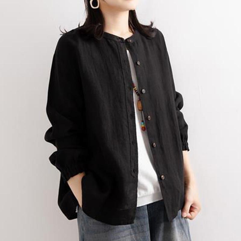 Spring Autumn Vintage Cotton Linen Casual Shirt Women O-neck Loose Fashion Buttons Blouse Female Long Sleeve Top