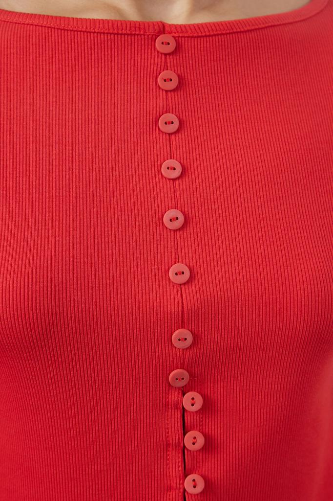 Women's Fashion Black Button Detailed Crew Neck Ribbed Flexible Regular Length Knitted Blouse