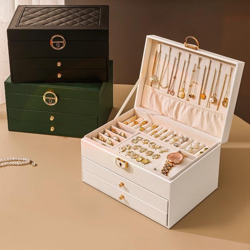 Luxury Three-Layer Jewelry Storage Box Vintage Flip PU Case High-End Ring Earring Necklace Organizer with Removable Dividers